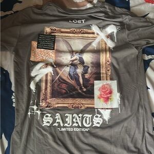 Gray Graphic T-Shirt with Angel and Rose Design